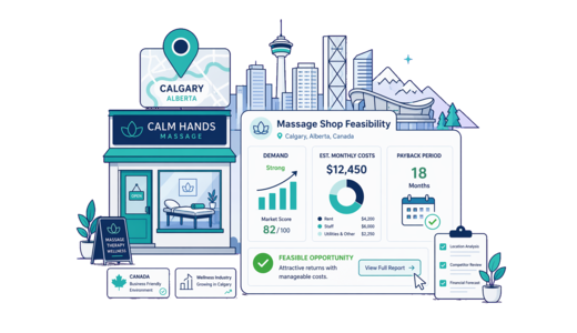 Massage Shop planning illustration for Calgary with a map pin and feasibility dashboard