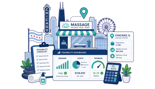 Massage Shop planning illustration for Chicago with a map pin and feasibility dashboard