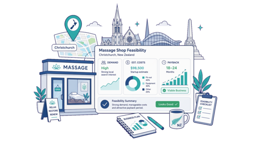 Massage Shop planning illustration for Christchurch with a map pin and feasibility dashboard