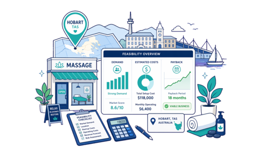 Massage Shop planning illustration for Hobart with a map pin and feasibility dashboard