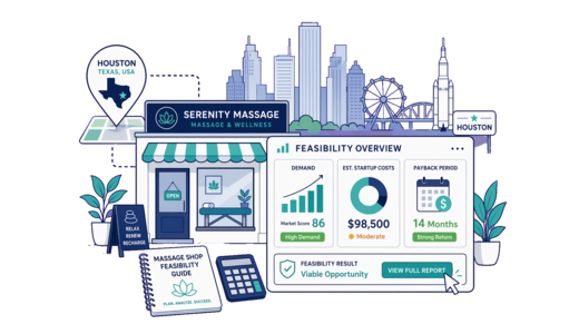 Massage Shop planning illustration for Houston with a map pin and feasibility dashboard