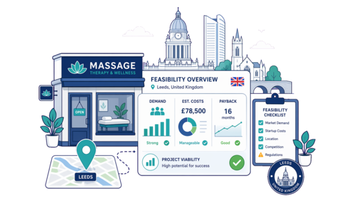 Massage Shop planning illustration for Leeds with a map pin and feasibility dashboard