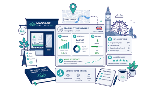 Massage Shop planning illustration for London with a map pin and feasibility dashboard