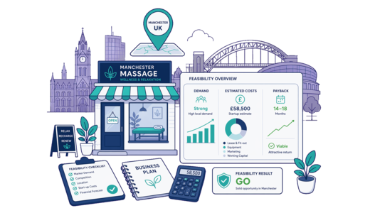 Massage Shop planning illustration for Manchester with a map pin and feasibility dashboard
