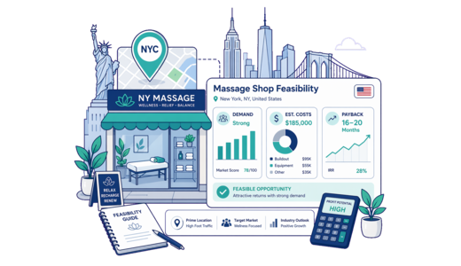 Massage Shop planning illustration for New York with a map pin and feasibility dashboard