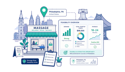 Massage Shop planning illustration for Philadelphia with a map pin and feasibility dashboard