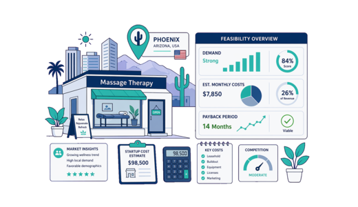 Massage Shop planning illustration for Phoenix with a map pin and feasibility dashboard