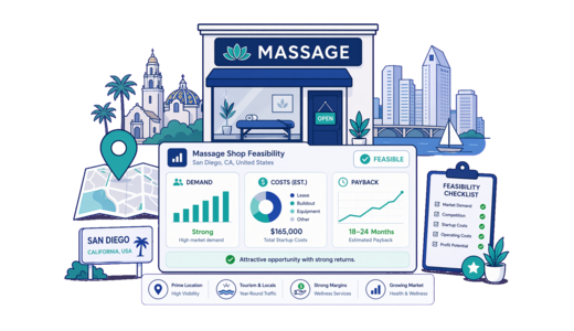 Massage Shop planning illustration for San Diego with a map pin and feasibility dashboard