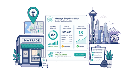 Massage Shop planning illustration for Seattle with a map pin and feasibility dashboard