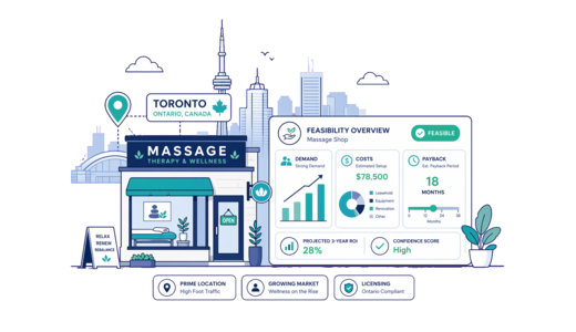 Massage Shop planning illustration for Toronto with a map pin and feasibility dashboard