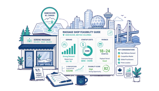 Massage Shop planning illustration for Vancouver with a map pin and feasibility dashboard