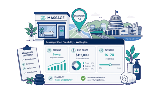 Massage Shop planning illustration for Wellington with a map pin and feasibility dashboard