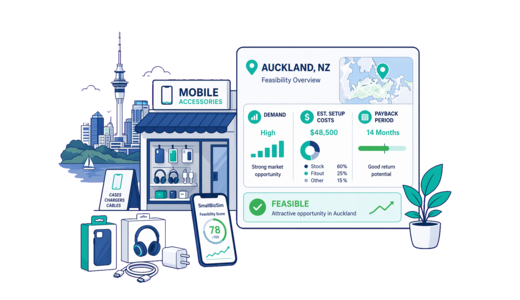 Mobile Accessories Store planning illustration for Auckland with a map pin and feasibility dashboard