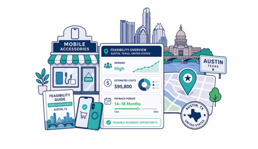 Mobile Accessories Store planning illustration for Austin with a map pin and feasibility dashboard