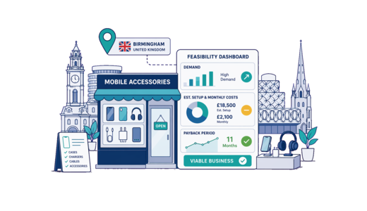 Mobile Accessories Store planning illustration for Birmingham with a map pin and feasibility dashboard