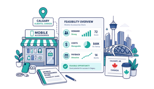 Mobile Accessories Store planning illustration for Calgary with a map pin and feasibility dashboard