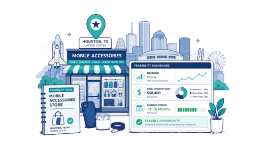 Mobile Accessories Store planning illustration for Houston with a map pin and feasibility dashboard