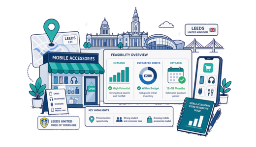 Mobile Accessories Store planning illustration for Leeds with a map pin and feasibility dashboard