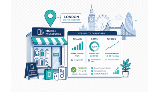 Mobile Accessories Store planning illustration for London with a map pin and feasibility dashboard