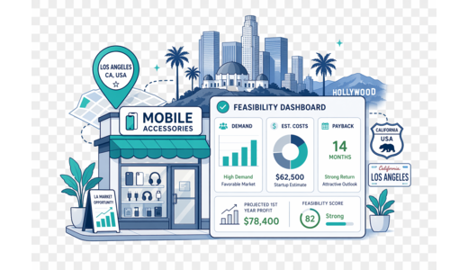 Mobile Accessories Store planning illustration for Los Angeles with a map pin and feasibility dashboard
