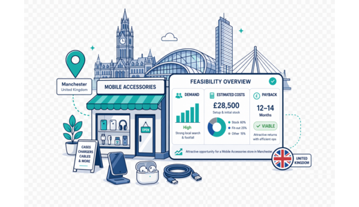 Mobile Accessories Store planning illustration for Manchester with a map pin and feasibility dashboard
