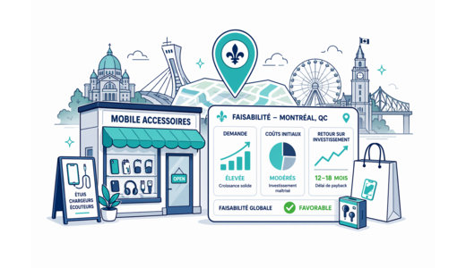 Mobile Accessories Store planning illustration for Montreal with a map pin and feasibility dashboard