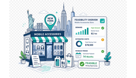Mobile Accessories Store planning illustration for New York with a map pin and feasibility dashboard