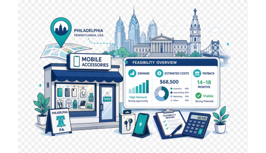 Mobile Accessories Store planning illustration for Philadelphia with a map pin and feasibility dashboard