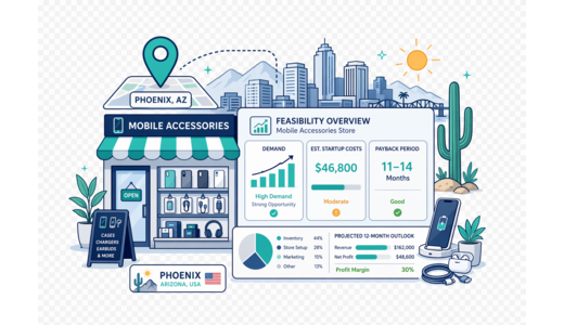 Mobile Accessories Store planning illustration for Phoenix with a map pin and feasibility dashboard