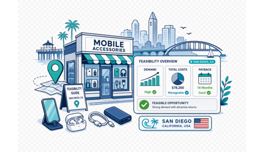 Mobile Accessories Store planning illustration for San Diego with a map pin and feasibility dashboard