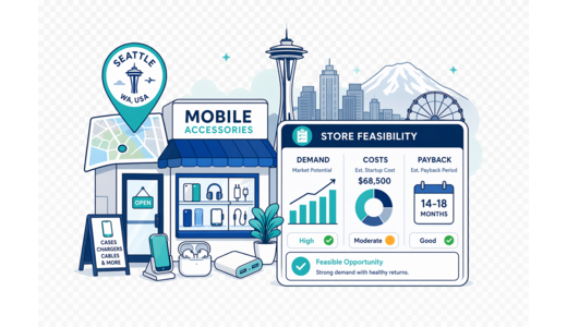 Mobile Accessories Store planning illustration for Seattle with a map pin and feasibility dashboard