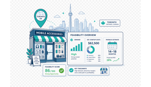 Mobile Accessories Store planning illustration for Toronto with a map pin and feasibility dashboard