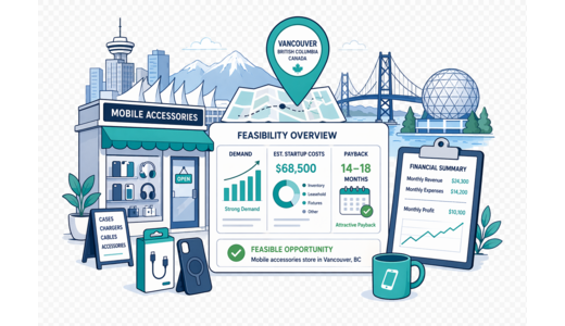 Mobile Accessories Store planning illustration for Vancouver with a map pin and feasibility dashboard