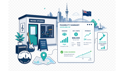 Music Studio / Practice Rooms planning illustration for Auckland with a map pin and feasibility dashboard