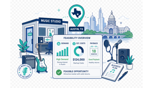 Music Studio / Practice Rooms planning illustration for Austin with a map pin and feasibility dashboard