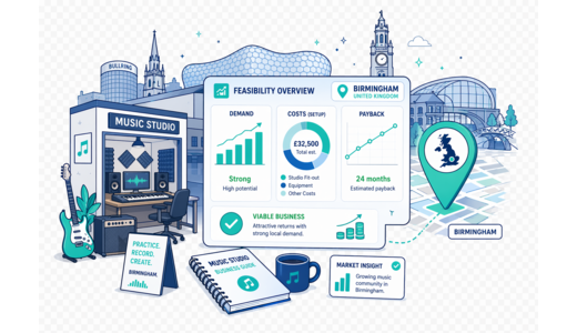 Music Studio / Practice Rooms planning illustration for Birmingham with a map pin and feasibility dashboard