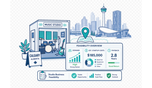 Music Studio / Practice Rooms planning illustration for Calgary with a map pin and feasibility dashboard