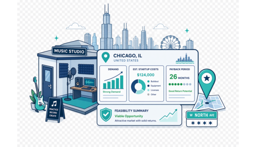 Music Studio / Practice Rooms planning illustration for Chicago with a map pin and feasibility dashboard