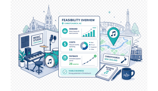 Music Studio / Practice Rooms planning illustration for Christchurch with a map pin and feasibility dashboard