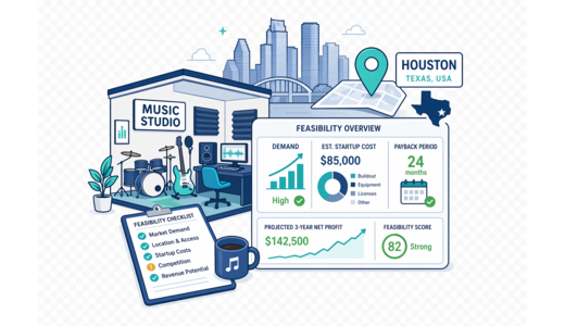 Music Studio / Practice Rooms planning illustration for Houston with a map pin and feasibility dashboard