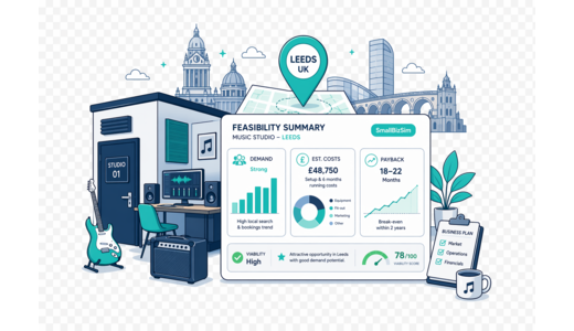 Music Studio / Practice Rooms planning illustration for Leeds with a map pin and feasibility dashboard