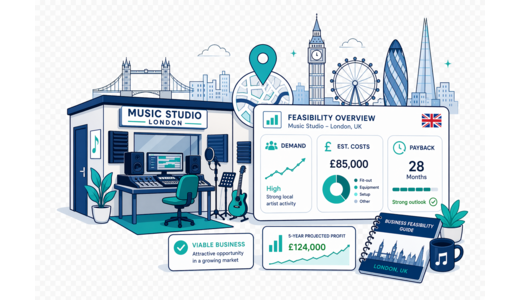 Music Studio / Practice Rooms planning illustration for London with a map pin and feasibility dashboard