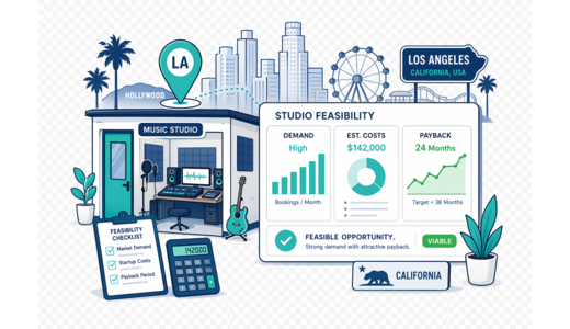 Music Studio / Practice Rooms planning illustration for Los Angeles with a map pin and feasibility dashboard