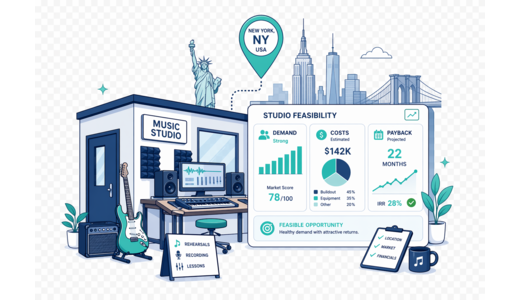 Music Studio / Practice Rooms planning illustration for New York with a map pin and feasibility dashboard