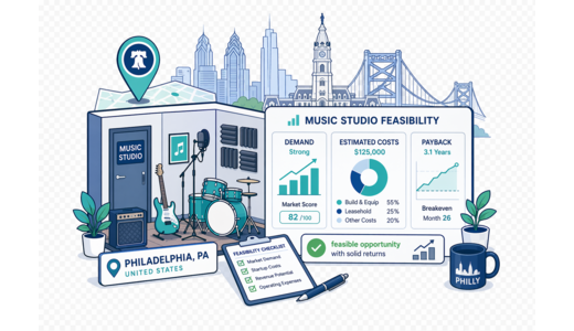 Music Studio / Practice Rooms planning illustration for Philadelphia with a map pin and feasibility dashboard