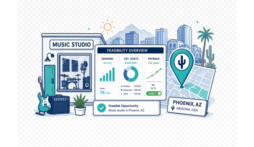 Music Studio / Practice Rooms planning illustration for Phoenix with a map pin and feasibility dashboard