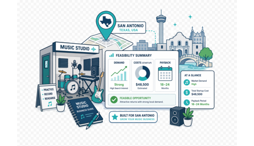 Music Studio / Practice Rooms planning illustration for San Antonio with a map pin and feasibility dashboard