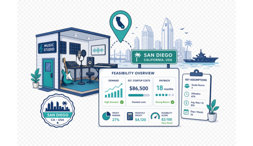 Music Studio / Practice Rooms planning illustration for San Diego with a map pin and feasibility dashboard