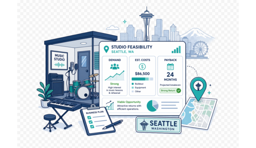 Music Studio / Practice Rooms planning illustration for Seattle with a map pin and feasibility dashboard