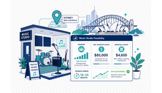 Music Studio / Practice Rooms planning illustration for Sydney with a map pin and feasibility dashboard